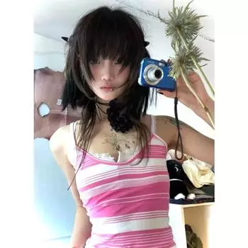 Y2k Aesthetics Camisole Японский топ на бретельках Harajuku 2000-х годов Kawaii Укороченный топ Fairycore Розовая полосатая майка E-girl Grunge S розовый/белый