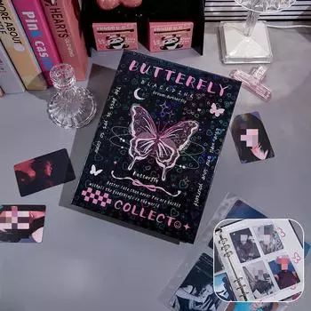Y2K American Retro Pink Black Butterfly Card Альбом Эстетическая лазерная обложка Girl Kpop 3-дюймовая фотокарточка Сборник Книга 80 шт. Слот для карт