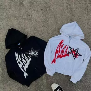 Y2k американская модная ретро-толстовка Harajuku для пар, свободная толстовка с капюшоном на молнии для женщин, повседневная толстовка с принтом букв в стиле Харадзюку M белый