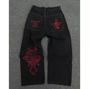 Y2K американские мужские хип-хоп ретро череп стираные свободные джинсы новые прямые пары повседневные свободные широкие брюки уличная одежда S чёрный