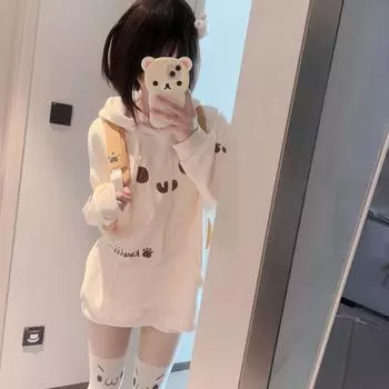 Y2k эстетические толстовки с принтом кота Kawaii в стиле Харадзюку, толстовки с завязками в стиле гранж, женские топы с карманами в японском стиле Sudaderas Para L абрикосовый