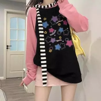 Y2K эстетические толстовки со звездами, женские толстовки Harajuku Kpop, повседневные толстовки большого размера, уличная одежда, свободные пуловеры, топы E-girl S чёрный