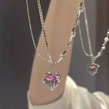 Y2K аксессуары, модное персиковое сердце, подвеска в виде капли воды, ожерелье с фиолетовым кристаллом Egirl, милая крутая цепочка на ключицу, эстетические украшения