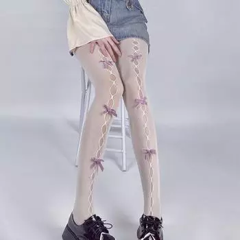 Y2K Белые банты ажурные чулки, сладкий стиль Лолиты, весна/осень черные шелковые колготки бежевый