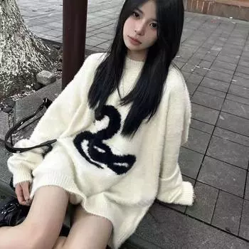 Y2k Белый готический женский свитер с принтом свободного покроя в стиле Харадзюку, корейская мода, вязаные пуловеры, змеиный узор, осенняя теплая уличная одежда S белый