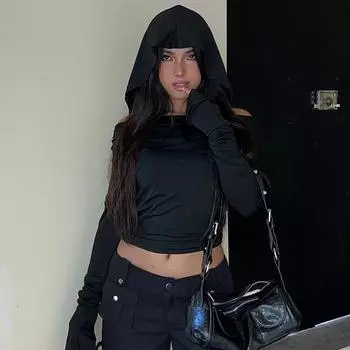 Y2K Black Folds Crop Top Hooded Full Sleeve T Shirt Women Punk Gothic Fashion Autumn Korean Pullovers Streetwear S чёрный