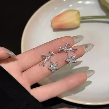 Y2K блестящие циркониевые серьги-бантики в форме звезды для женщин изысканные элегантные серьги-гвоздики с пентаграммой милые ювелирные изделия для девочек аксессуары подарок белый
