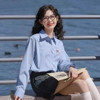 Y2K Блузка с бантом Женская вышитая блузка с длинным рукавом Корейская полосатая рубашка на пуговицах Женская S синий