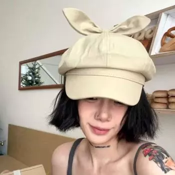 Y2K Бобовые ростки Берет Милые Классные Шляпы Художника Модные Уши-Банты Женские покинуть белый