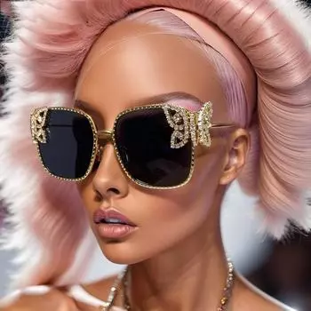 Y2k большие квадратные солнцезащитные очки женские винтажные стразы бабочка металлическая оправа солнцезащитные очки защитные очки для женщин as shown