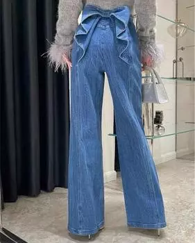 Y2k Bow Pleat Женские расклешенные джинсы Брюки Широкие прямые с высокой талией Женские джинсовые брюки Тянущиеся потертые брюки High Street S синий