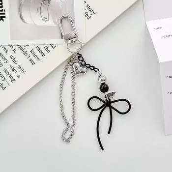 Y2K Bowknot Phone Chain Silver Heart Charm Sweet Cool Earphone Case Pendant Guitar Strap Lanyard Bag Decor A1