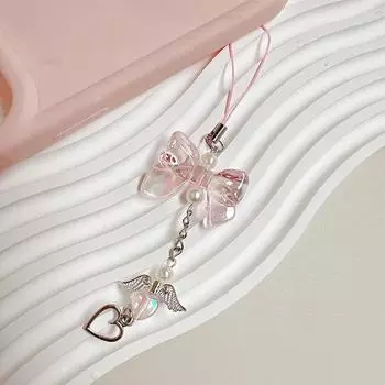 Y2K Bowknot Phone Chain Sweet Angel Wings Love Heart Подвеска Чехол для наушников Anti Lost Сумка-шнурок Декор синий