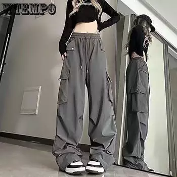 Y2K Брюки-Карго Женские Уличные Широкие Спортивные Штаны Harajuku Большие Карманы Бегуны Bf Мешковатые Спортивные Брюки с Высокой Талией S серый