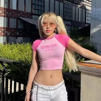 Y2K буква звезда принт розовый уличный стиль персонализированный повседневный горячая девушка открытый пупок облегающий круглый вырез короткий рукав футболка S розовый