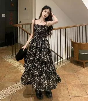 Y2k цельное платье с цветочным принтом в корейском стиле, женское винтажное элегантное многослойное платье с высокой талией, черное длинное платье-комбинация, летние платья феи S белый