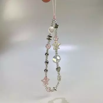 Y2K ремешок для мобильного телефона, милый розовый серебряный ремешок для телефона с бусинами для девочек, браслет ручной работы, телефонный брелок