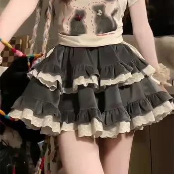 Y2K Черная мини-юбка с оборками, женская корейская лоскутная плиссированная юбка в японском стиле Kawaii, универсальная юбка трапециевидной формы с высокой талией S серый