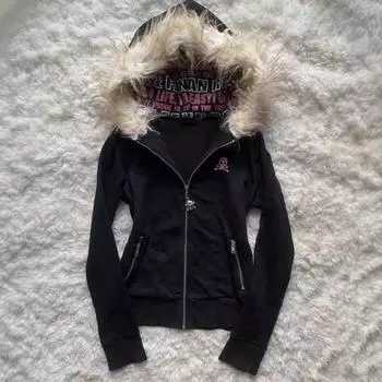 Y2K Черная толстовка с капюшоном на молнии с меховым воротником, сексуальная женская толстовка Харадзюку, готическая толстовка с графическим принтом букв, облегающее пальто S чёрный