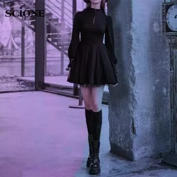 Y2K черное готическое платье женское готическое бандажное мини-платье в готическом стиле в стиле Харадзюку в стиле панк с длинным рукавом на шнуровке сетчатое платье S чёрный