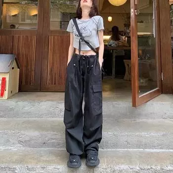 Y2K черные брюки-карго с парашютом на шнурке, женские уличные брюки в стиле Харадзюку, широкие широкие брюки прямого кроя, женские карманы S чёрный