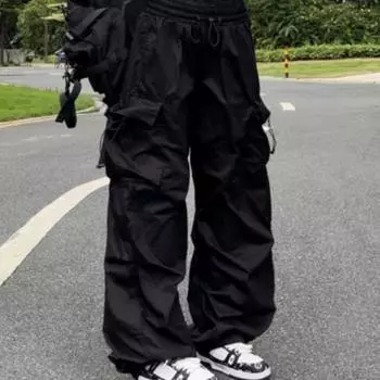 Y2K черные брюки с парашютом, женские уличные брюки в стиле хиппи, брюки-карго больших размеров с карманами, широкие мешковатые спортивные штаны в стиле Харадзюку S чёрный