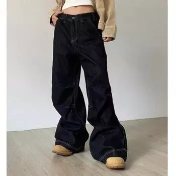 Y2k черные джинсы женские винтажные свободные уличные брюки-карго из денима широкие повседневные мешковатые прямые джинсовые брюки S чёрный