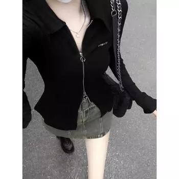 Y2K черные футболки женские уличные топы на молнии укороченные топы Harajuku корейские отложной воротник туника с длинным рукавом тонкие повседневные шикарные футболки S чёрный