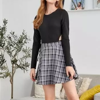 Y2K черный сексуальный облегающий комбинезон с длинными рукавами и круглым вырезом сбоку S чёрный