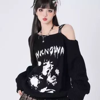 Y2k Черный женский свитер Аниме Открытые плечи Харадзюку Японская мода Вязаные пуловеры Готический Gyaru Свободный джемпер Осень S чёрный