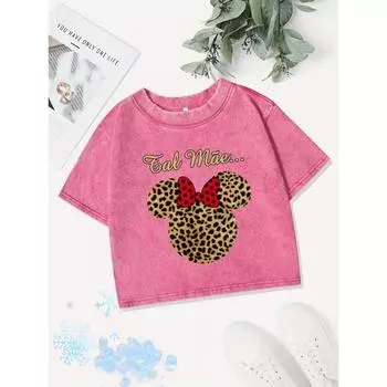 Y2K Cotton Crop Tops Womens Leopard Print Bow Mouse Prints Washed T-Shirts Regular Fit Streetwear Street Clothes M