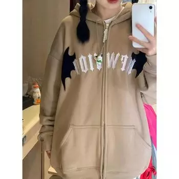 Y2K Дьявол вышитая толстовка женская Повседневная Ретро свободные толстовки с капюшоном и длинными рукавами пара осень-зима готические толстовки на молнии S чёрный