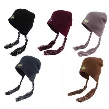 Y2K Dirty Braids Beanies Hat Japan Crochet Bonnet Fashion Knitted Hat with Braid Hair Girls Style A