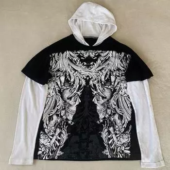 Y2K длинный рукав круглый вырез ретро-принт уличный свитер с капюшоном L чёрный