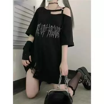 Y2k для девочек, футболки с открытыми плечами и буквенным принтом в стиле панк, женские повседневные уличные черные готические футболки в стиле Харадзюку, эстетичная уличная одежда S чёрный