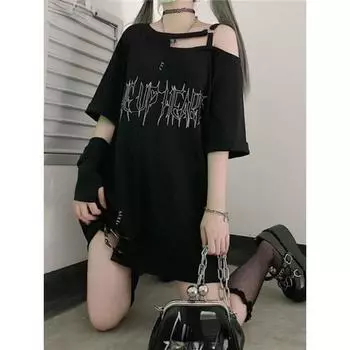 Y2k для девочек, футболки с открытыми плечами и буквенным принтом в стиле панк, женские повседневные уличные черные готические футболки в стиле Харадзюку, эстетичная уличная одежда S чёрный
