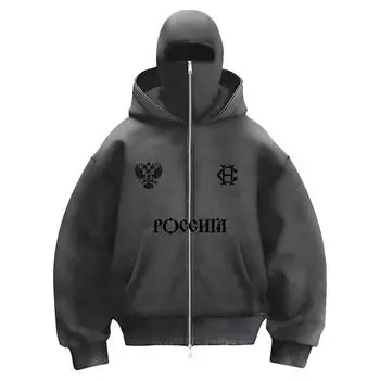 Y2k Double Hat Design Retro Hoodie Мужская куртка на молнии в стиле панк, зимняя толстовка с капюшоном Harajuku, спортивная одежда S серый