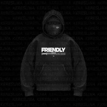 Y2K Двойная шапка ветрозащитная с открытыми глазами и буквенным принтом повседневная модная свободная толстовка с капюшоном для мужчин и женщин S чёрный