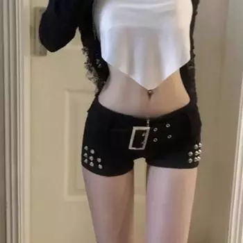 Y2k Джинсовые шорты с низкой талией и заклепками в стиле гранж для женщин, облегающие короткие брюки с высокой талией, весенние новые утепленные шорты Ropa Mujer XS чёрный