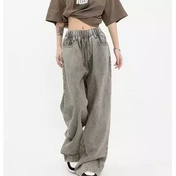 Y2K джинсы женские с высокой талией эластичный пояс джинсовые брюки женские винтажные американские стиль потертые уличная одежда хип-хоп S зелёный