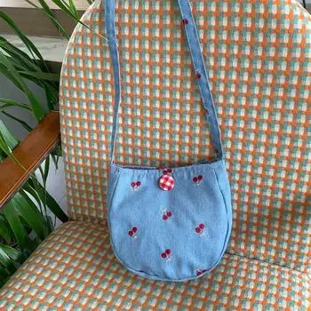 Y2K Embroidered Cherry Crossbody Bag Cute Jeans Messenger Bag Simple Denim Canvas Bag Students Style 3