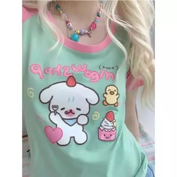 Y2k Emo летние женские корейские японские Harajuku с коротким рукавом Egirl аниме футболки Эстетическая футболка большого размера Kawaii Топы Одежда S зелёный