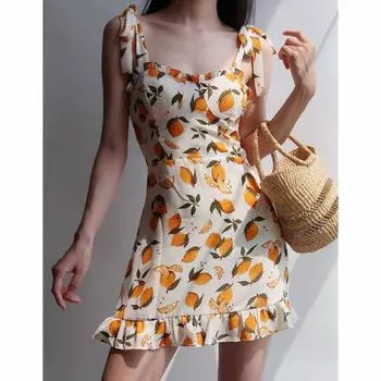 Y2K Европейская и американская девушка с лимонным принтом и деревянным краем ушка для милого и свежего летнего платья на подтяжках M белый