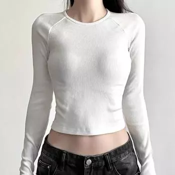 Y2K Европейская и американская футболка с длинными рукавами и открытым пупком с уличным принтом и открытым пупком для женского облегающего и утягивающего топа S белый