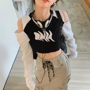 Y2K Европейская и американская летняя новая женская контрастная футболка с открытыми плечами и универсальный уличный топ с длинными рукавами Spicy Girl Design Sense S белый