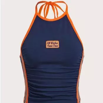 Y2K Европейская и американская Spicy Girl с высокой талией, короткая майка с открытой спиной и висячим вырезом, летняя майка с принтом, подвесной топ для женщин S темно-синий