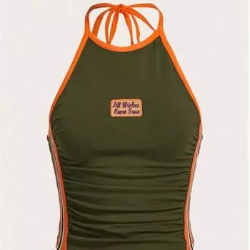 Y2K Европейская и американская Spicy Girl с высокой талией, короткая майка с открытой спиной и висячим вырезом, летняя майка с принтом, подвесной топ для женщин S темно-синий