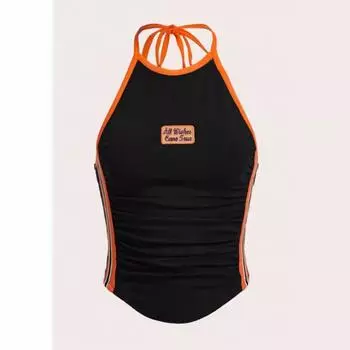 Y2K Европейская и американская Spicy Girl с высокой талией, короткая майка с открытой спиной и висячим вырезом, летняя майка с принтом, подвесной топ для женщин S темно-синий