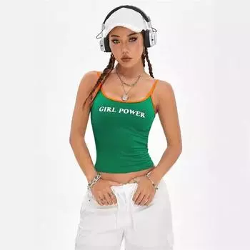 Y2K Европейская и американская уличная индивидуальность. Сексуальная майка с открытой спиной и принтом в Instagram. S зелёный