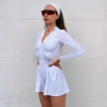 Y2K европейская и американская весенне-осенняя женская спортивная одежда на молнии, пластиковый комбинезон с широкими штанинами S белый